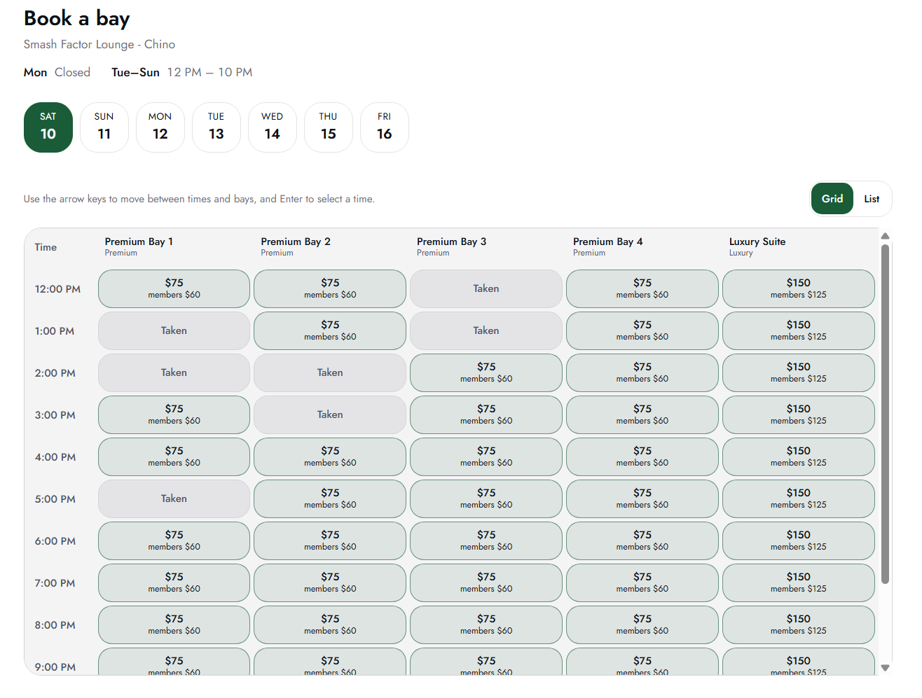 Smash Factor Lounge booking screen: a grid of simulator bays by hour, showing open slots with regular and member prices and slots already taken.